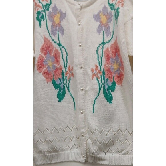 Vintage Bermuda Floral Knit Cardigan Short Sleeve Pearl Buttons Cotton Large - Picture 4 of 8